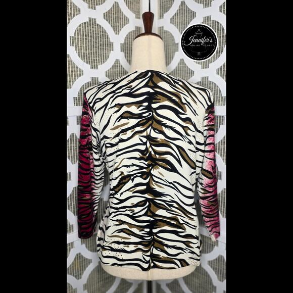 Elizabeth New York Vintage Cream Black Red Animal Print Cardigan Size Large - Picture 6 of 11